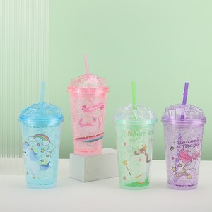 Trendy 450ml Blue Pink Green Purple Four Shades Cartoon Unicorn Double Wall Plastic Straw Cup with Diamond Shaped Dome Lid - Product Image 5