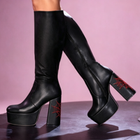 Bottes hautes noires en similicuir pour femme, plateforme, talon toile d'araignée rouge, fermeture éclair latérale complète, talon bloc épais, style gothique punk