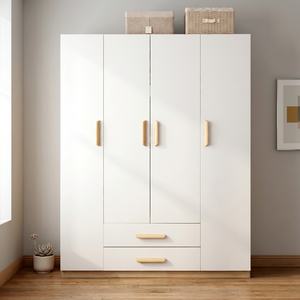 Modern <b>White</b> Wardrobe With Wooden Handles 2 <b>Drawers</b> Freestanding <b>Bedroom</b> Storage Cabinet Minimalist Design - Product Image 3