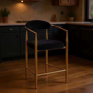 Tabouret de bar moderne rembourré avec structure en métal, assise en bouclette noire, chaise de cuisine, de bar ou de salle à manger - Product Image 2