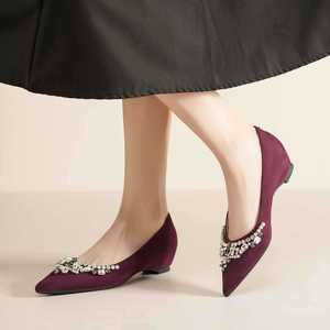 Elegant Pointed Toe <b>Flats</b> With Rhinestone Decoration Faux Suede Slip-On Comfort Women's Shoes Spring <b>Wedding</b> Style - Product Image 3