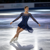 Robe de patinage artistique bleu foncé avec strass, manches longues en maille, costume de performance pour adultes et enfants, tenue de compétition de patinage