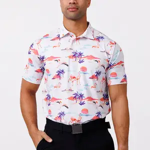 Custom Logo Breathable Red Bird And Coconut Tree Pattern Comfortable Feel Printed Sublimated Golf Polo T Shirt Mens Polo Shirts