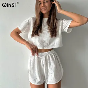 QINSI blanc femmes vêtements de nuit taille élastique fente Shorts <span class=keywords><strong>femme</strong></span> ensemble à manches longues haut court Sexy Lingerie dames <span class=keywords><strong>Chic</strong></span> pyjama ensembles - Product Image 1