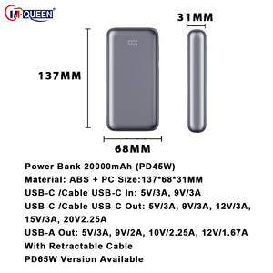 Custom Logo 20000mAh Battery Pack with Built-in USB-<b>C</b> Cables Portable Charger 20000mAh 45W Power Bank <b>Charging</b> for Phone - Product Image 2