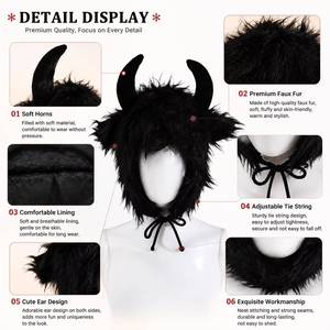 Decoración de Halloween, Gorro de Disfraz de Cabeza de Toro, Color Negro, Peludo, Unisex, Cálido para Invierno, Divertido - Product Image 4