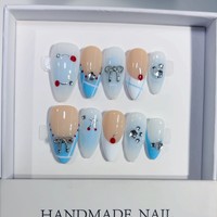 Tacana 10 faux ongles à presser, style français, motif cœur cerise, doux et féminin, faits à la main, haute qualité, couverture complète, en ABS