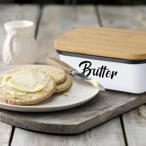 <span class=keywords><strong>Accessoires</strong></span> de décoration de <span class=keywords><strong>cuisine</strong></span> Grand plat à beurre en porcelaine blanche avec couvercle en bois d'acacia épais Contenant à beurre en céramique noire avec couvercle - Product Image 4