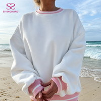 Sweat-shirt à col rond pour femme en molleton 100% coton de haute qualité, avec ourlet et poignets rayés roses, coupe ample, style décontracté