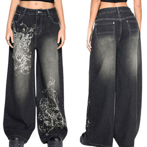 Y2K Print Patchwork Solid Vintage Washed Black Denim <b>Jeans</b> Custom Low Waist Straight Breathable Street Dance Casual - Product Image 1