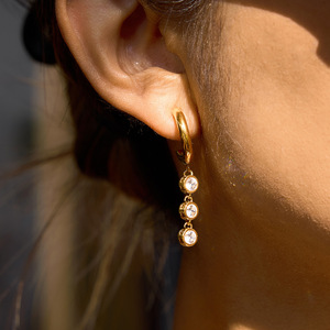 Drop <b>Earrings</b> 18K Gold Stainless Steel Round Zircon <b>Tassel</b> Bezel Setting Party Jewelry - Product Image 2