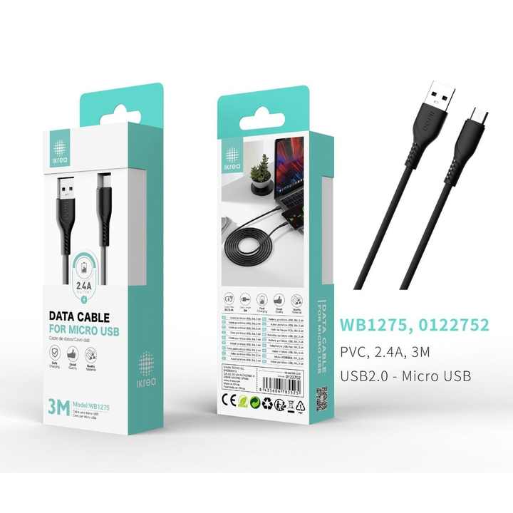 Micro USB data cable 3m 2.4A Black