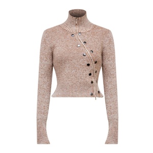 Pull en maille côtelée asymétrique haut de gamme pour femme avec boutons et fermeture éclair, collection automne, fabrication sur mesure ODM pour marque - Product Image 1