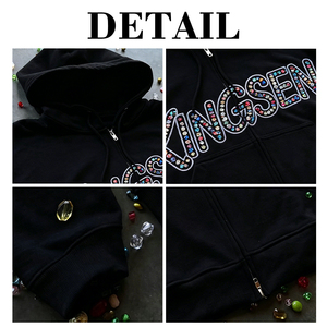Vente en gros de sweats à capuche pour hommes avec broderie en strass 400G, OEM, streetwear hip-hop, sweat à capuche surdimensionné à fermeture éclair, sweats à capuche personnalisés pour hommes - Product Image 4
