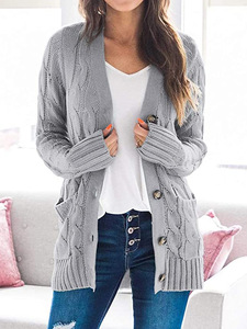 2020 Otoño/Invierno <span class=keywords><strong>Amazon</strong></span> Cable tejer Causal <span class=keywords><strong>Chaqueta</strong></span> larga con botones de abrigo para las mujeres - Product Image 2