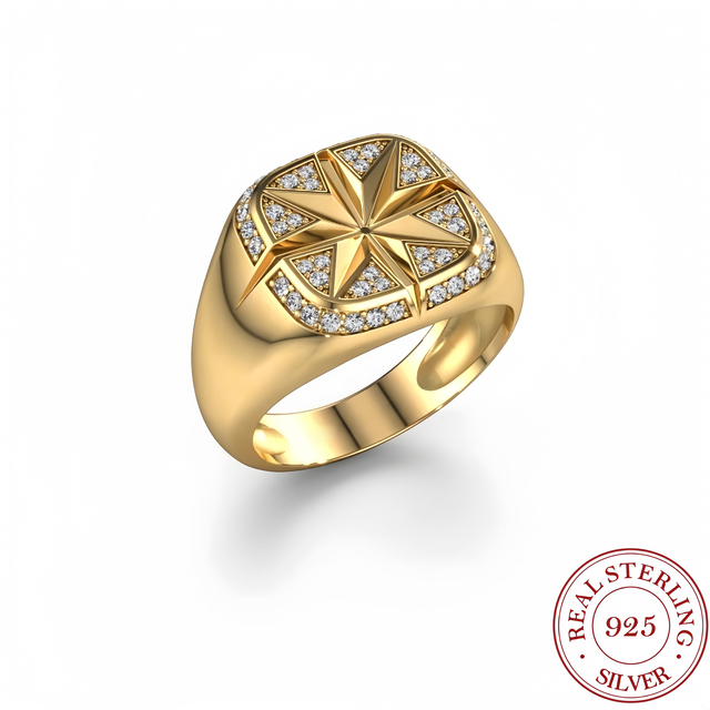 Men's 925 Sterling Silver 18K Gold Plated Compass Bezel Setting Star Signet Ring Personalized Wedding Party