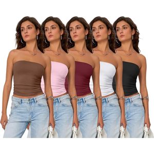 Lot de 5 hauts courts sans bretelles pour femmes, style bandeau, sans manches, dos nu, tenue d'été, en spandex et polyester tricoté respirant - Product Image 5