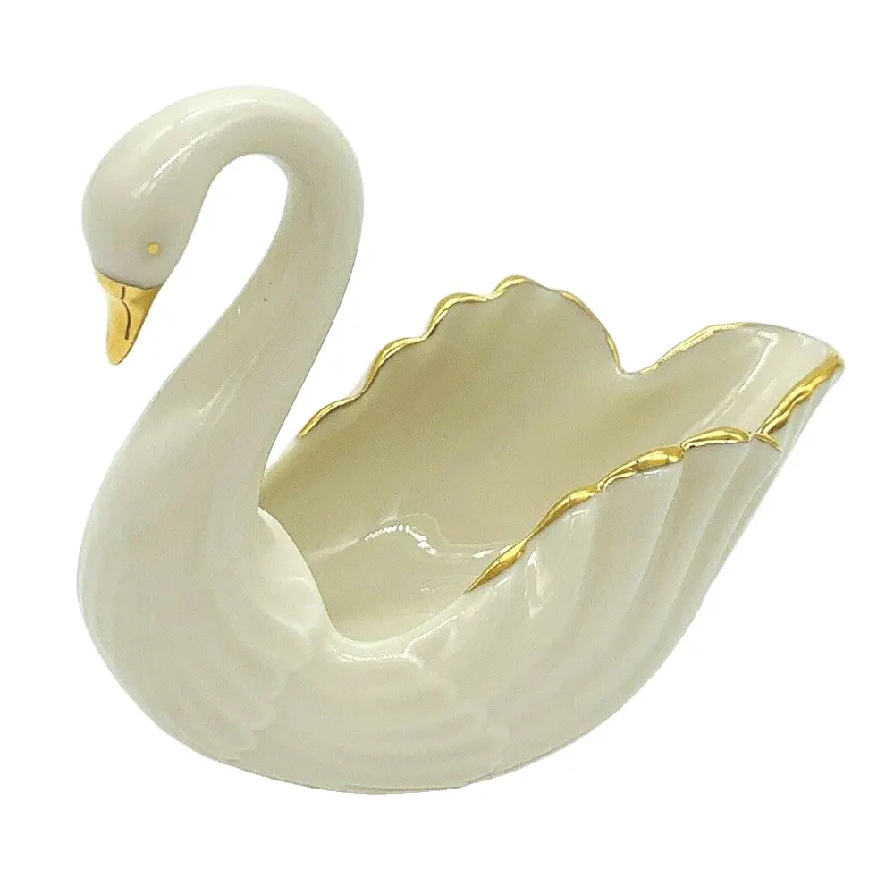 Florero de cerámica con forma de cisne blanco Vintage, florero moderno con borde dorado