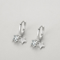 Pendientes de Aro de Plata de Ley 925 con Doble Estrella Brillante de Circonita Cúbica para Niña