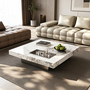 Luxury Integrated Tea Tray Square Coffee <b>Table</b>, Pandora White Sintered Stone Low Profile Side <b>Table</b> for Modern Villa Living Room - Product Image 2