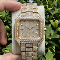 Montre automatique de luxe personnalisée en moissanite VVS, plaquée or 18 carats, avec lunette en moissanite sertie de pierres, verre saphir, montre mécanique pour homme