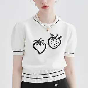 공장 사용자 정의 OEM 어린 소녀 패션 짧은 소매 화이트 12 GG 자카드 스트라이프 만화 로고 통기성 짧은 니트 스웨터