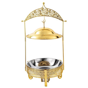 Ré<span class=keywords><strong>chaud</strong></span> à alcool rond de luxe en acier inoxydable doré avec dentelle, couvercle articulé, chauffe-plats pour buffet d'hôtel et de restaurant - Product Image 1