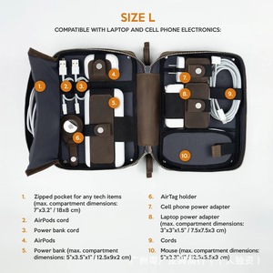 กระเป๋าเก็บสายเคเบิล Crazy Horse Leather 3C Electronics Organizer ขนาดใหญ่ สำหรับเดินทาง พร้อมซิปปิด - Product Image 4