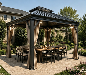 Gazebo Eléctrico <span class=keywords><strong>de</strong></span> Aluminio con Techo Doble, Pabellón <span class=keywords><strong>de</strong></span> Descanso para Exteriores con Cortinas, Refugio Resistente para Patio, Villa, Resort o Balcón - Product Image 1