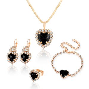 4 Pcs/Set Fashion Heart Shape Red Purple Crystal Pendant Clavicule Necklace Heart Earring Ring Bracelet Set - Product Image 1