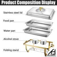 Chauffe-Plat Rectangulaire en Acier Inoxydable Demi-Doré pour Hôtels et Restaurants, Ensemble Buffet avec Couvercle en Verre pour Fêtes et Banquets