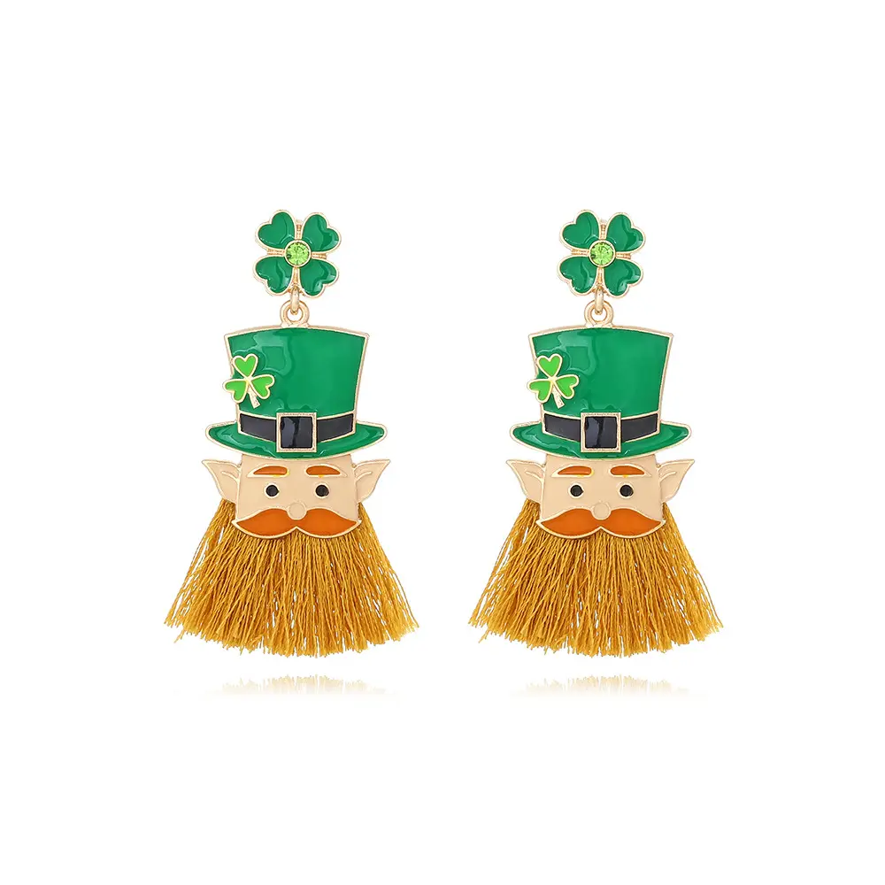 St Patricks Carnival Leaf Clover Head Tassel Earrings Funny Alloy Dripping Oil Irish Hat Earrings