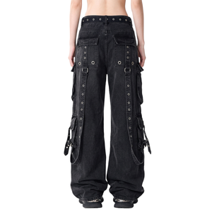 Proveedor de Moda: Pantalones Cargo Vaqueros Holgados para Mujer, con Múltiples Bolsillos, Estilo Urbano, Cintura Alta, Pierna Ancha, TKAN859 - Product Image 2