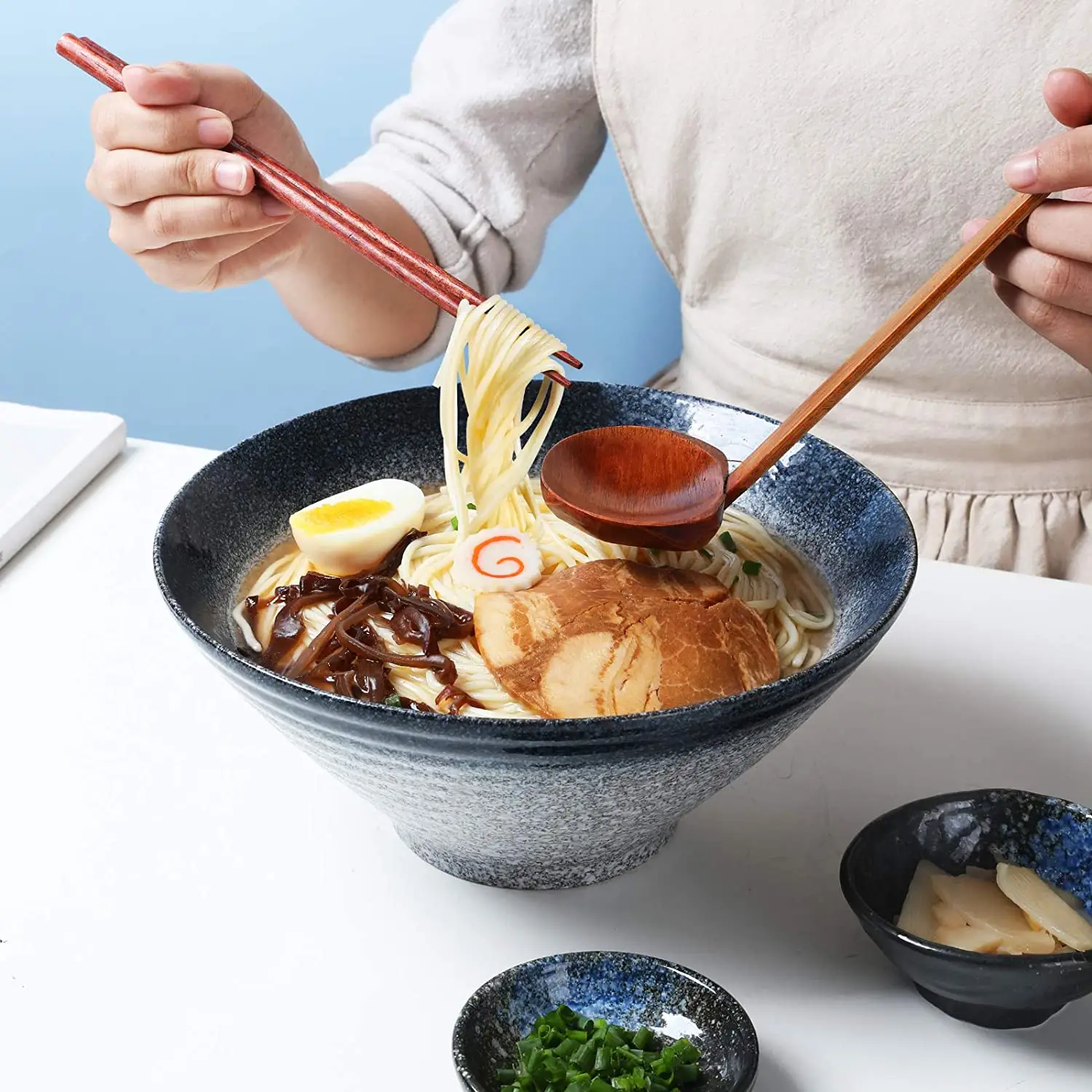 Set De 2 Bols Ramen Japonais 9 Pouces - Avec Cuillère Et Baguettes - Noir Mélamine