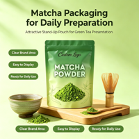 Sachet Doypack Personnalisé Imprimé Refermable avec Fermeture Éclair en Feuille d'Aluminium pour Poudre de Matcha, Qualité Alimentaire