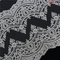 Tissu de Broderie en Cordon Blanc avec Perles de Verre en Tube de Cristal et Paillettes, Dentelle Randa, Tissu Guipure Brodé