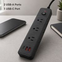 Multiprise industrielle standard américaine à 6 prises avec 2 ports USB-A et 1 port USB-C, anti-surcharge, ignifuge, pour bureau