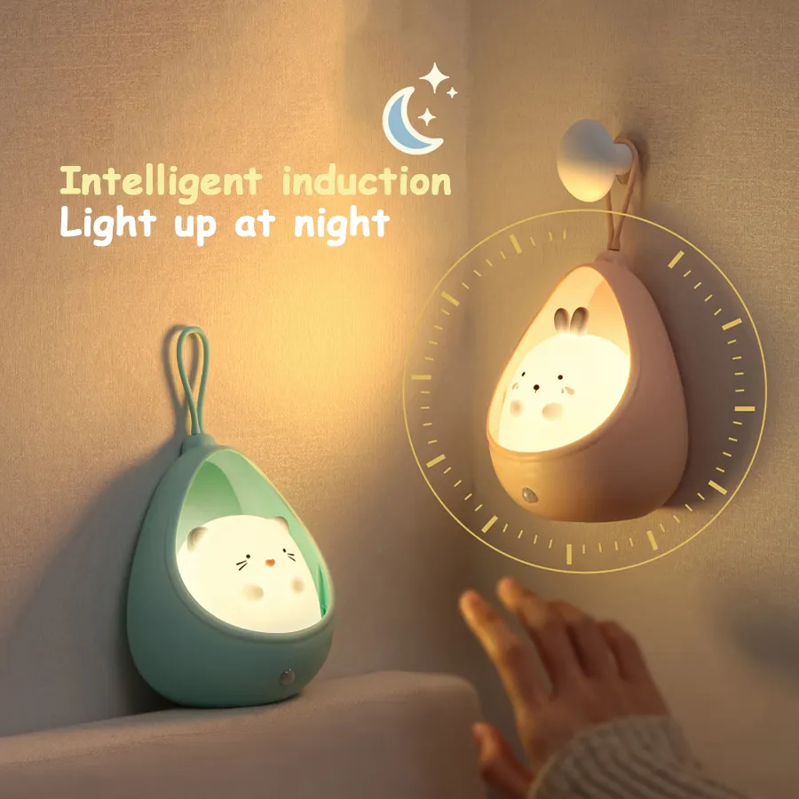 Led gece lambası sensörü kontrol sevimli hayvan insan indüksiyon lamba çocuklar için çocuk yatak odası Usb şarj edilebilir silikon duvar ışıkları