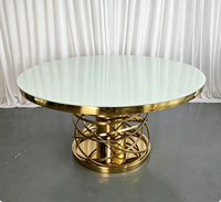 Table de mariage ronde en acier inoxydable doré avec plateau en verre trempé blanc, table de banquet de luxe pour location événementielle