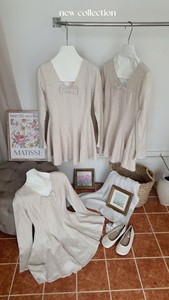 Abito in Lana <span class=keywords><strong>Nude</strong></span> con Scollo a Cuore <span class=keywords><strong>e</strong></span> Fiocco Elastico, Maniche a Campana in Stile Coreano, Alta Qualità OEM - Product Image 5