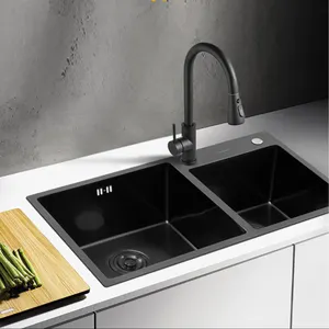 Aquacubic SUS 201 Deep Basin Nano Double Bowl Topmount Handmade Black Kitchen Sink