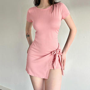 Vestido Mini con Cintura Ajustable para Mujer, Manga Corta, Color Sólido, Verano, Casual, Moda - Product Image 2