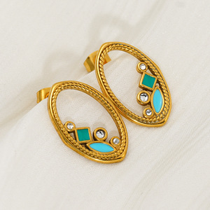 Stainless Steel Oval Stud Earrings Gold Plated Bohemian Style Blue Green Inlay Geometric Design Party Jewelry - Product Image 2