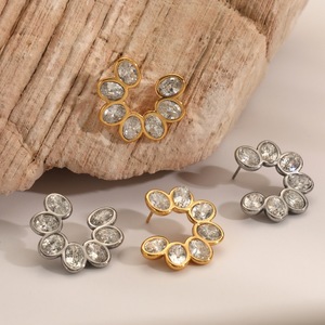 Flower <b>Stud</b> <b>Earrings</b> Stainless Steel Bezel <b>Set</b> Crystal Geometric Design Party Wear Gold And <b>Silver</b> Tone - Product Image 2