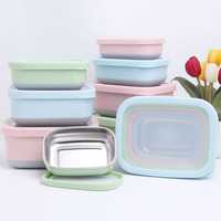 Boîtes à lunch en silicone, contenants alimentaires étanches avec couvercles en silicone, contenants à collation réutilisables en acier inoxydable pour enfants, camping