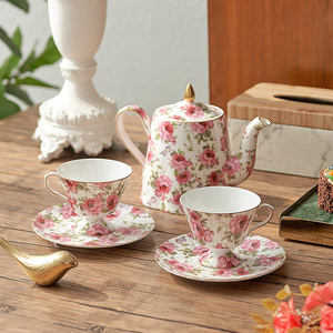 Juego de Tazas de Café Vintage Estilo Europeo y Británico, Juego de Té de Porcelana con Rosas Rosadas, Elegante Juego de Tazas y Tetera para el Té de <span class=keywords><strong>la</strong></span> Tarde - Product Image 1