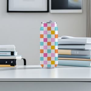 Vasos Personalizados con Forma de Lata de Coca-Cola a Cuadros, <span class=keywords><strong>Tazas</strong></span> de Café Aisladas de Acero Inoxidable con Tapa y Pajita - Product Image 3