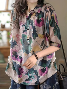 Chemise imprimée élégante pour femmes motif floral grande taille hauts décontractés pour le printemps automne décoration de boutons en matériau <span class=keywords><strong>Non</strong></span> <span class=keywords><strong>transparent</strong></span> - Product Image 3