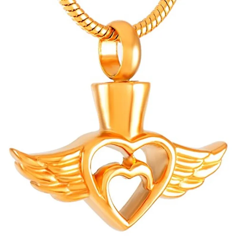 Meikang Gold Angel Wings Heart Cremation ash pendant necklace