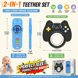 Ensemble <span class=keywords><strong>de</strong></span> jouets <span class=keywords><strong>de</strong></span> dentition 2-en-1 pour bébé : Bâtonnet <span class=keywords><strong>de</strong></span> dentition en silicone <span class=keywords><strong>de</strong></span> qualité alimentaire sans BPA et jouet sensoriel à mâcher en forme <span class=keywords><strong>de</strong></span> télécommande - Product Image 4